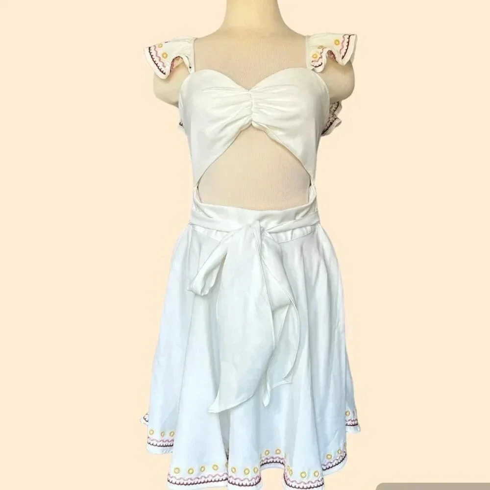 Tularosa Masa Ivory White Mini Embroidered Tie Waist Cut Out 👗